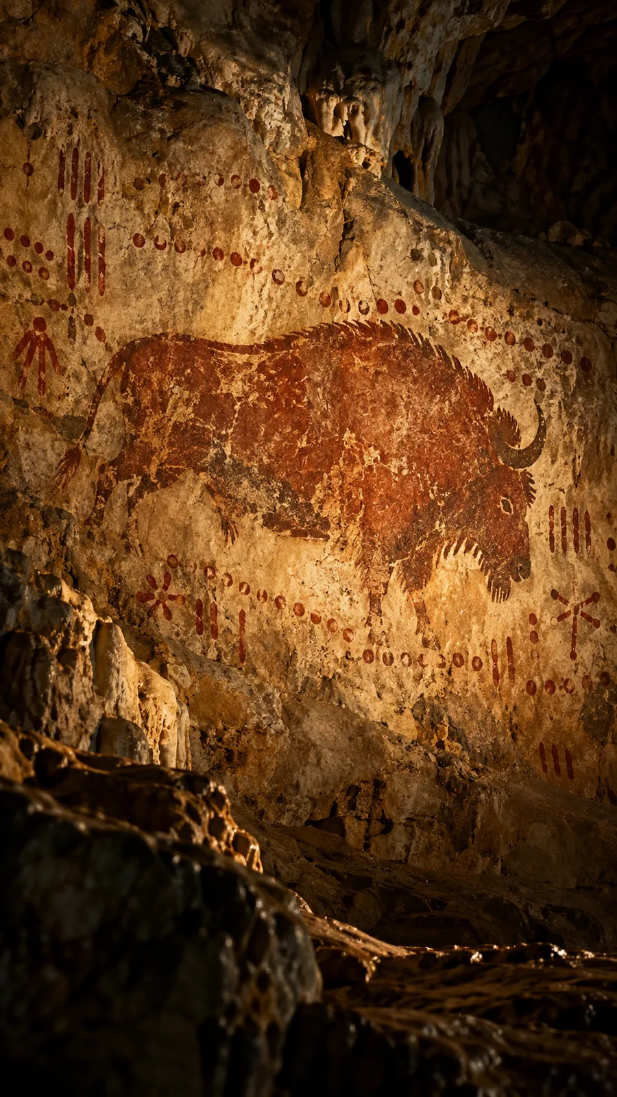 Un bison peint à l'ocre sur la paroi d'une grotte.
