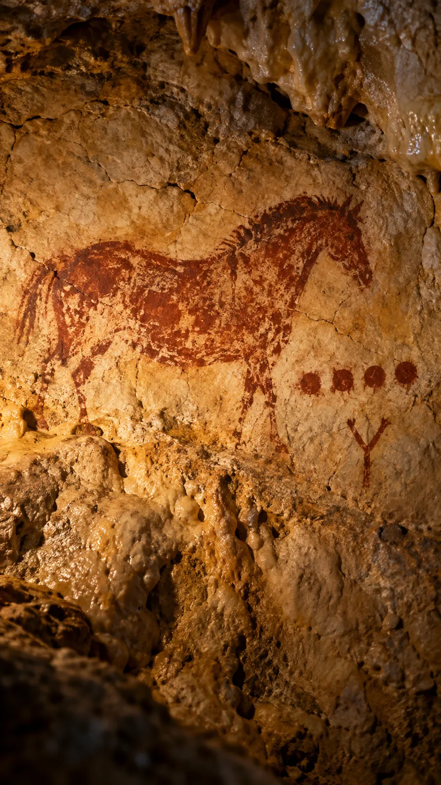 Un cheval ocre suivi d'une ligne de points sur la roche.