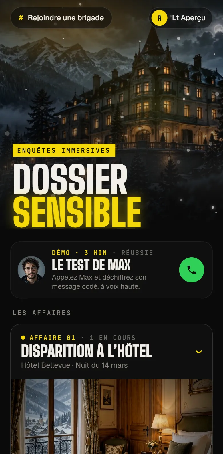 L'accueil de l'application : la démo et les affaires.