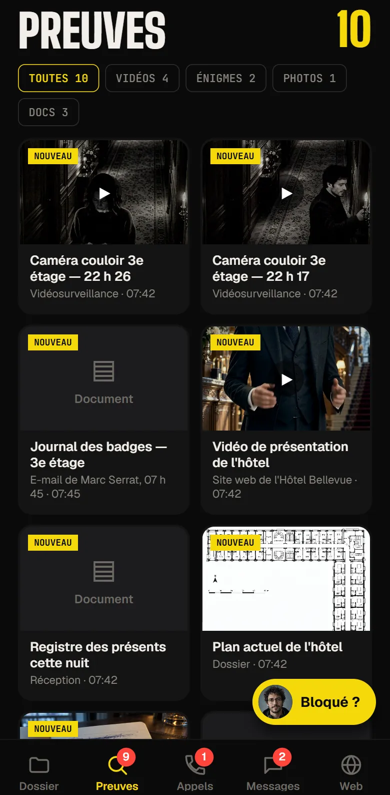 Les preuves du dossier : vidéos de surveillance, documents, plan de l'hôtel.