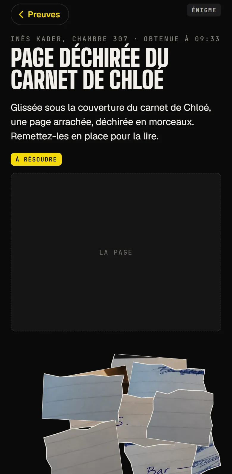 Une page déchirée du carnet de Chloé : des morceaux déjà posés dans le cadre, les autres en tas dessous.